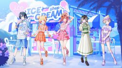  5girls :d ;d absurdres ahoge artist_request beach black_hair black_shoes blonde_hair blue_eyes blue_hair blue_shoes blue_shorts blue_sleeves blue_socks blunt_bangs braid braided_hair_rings brown_eyes character_name clothes_writing collared_shirt colored_inner_hair commentary_request curtained_hair day double_bun earclip english_text eyewear_on_head food_stand full_body gradient_hair green_socks grey_hair hair_bun hair_rings heart heart-shaped_eyewear highres hiodoshi_ao hiodoshi_ao_(holonatsu_paradise) hololive hololive_dev_is holonatsu_paradise ice_cream_stand ichijou_ririka ichijou_ririka_(holonatsu_paradise) juufuutei_raden juufuutei_raden_(holonatsu_paradise) kneehighs loafers long_shirt looking_at_viewer miniskirt multicolored_hair multiple_girls official_alternate_costume official_alternate_hair_length official_alternate_hairstyle official_art one_eye_closed open_mouth orange_hair orange_shoes orange_sleeves otonose_kanade otonose_kanade_(holonatsu_paradise) outdoors pink_hair pink_shoes pink_skirt plaid_clothes plaid_skirt pleated_skirt polka_dot polka_dot_socks ponytail print_shirt purple_eyes purple_hair purple_skirt raglan_sleeves regloss_(hololive) second-party_source shirt shirt_tucked_in shoes short_hair shorts sidelocks single_hair_bun skirt smile sneakers socks streaked_hair sunglasses swept_bangs t-shirt three-quarter_sleeves todoroki_hajime todoroki_hajime_(holonatsu_paradise) two-tone_hair virtual_youtuber visor_cap white_shirt white_shoes white_socks 