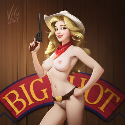  1girl belt blonde_hair breasts brown_belt cleft_of_venus cowboy_bebop cowboy_hat cowgirl_(western) earrings elvilu green_eyes gun hat heart highres holding holding_gun holding_weapon jewelry judy_(cowboy_bebop) large_breasts lipstick makeup medium_breasts navel nipples nude pussy smile solo weapon 