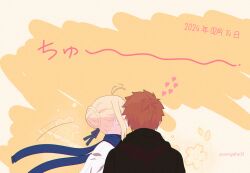  1boy 1girl ahoge artoria_pendragon_(fate) black_coat black_jacket blonde_hair blush coat dated emiya-san_chi_no_kyou_no_gohan emiya_shirou fate/stay_night fate_(series) floral_background hair_bun hair_ribbon heart jacket kiss kissing_cheek long_sleeves ribbon saber_(fate) seraphu00 shirt short_hair simple_background twitter_username valentine white_background white_shirt 