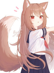  1girl animal_ears arm_up black_sailor_collar black_skirt brown_hair cowboy_shot hair_ornament hairclip highres long_hair looking_at_viewer neckerchief notice_lines original parted_lips rade_(rade_552) red_eyes red_neckerchief sailor_collar salute school_uniform shirt sidelocks signature simple_background skirt solo straight-arm_salute tail very_long_hair white_background white_shirt wolf_ears wolf_girl wolf_tail 