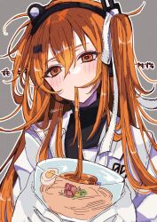  1girl a.i._voice adachi_rei alternate_hair_length alternate_hairstyle black_shirt bowl commentary eating egg food gloves grey_background hair_between_eyes hair_ribbon headlamp highres holding holding_bowl jacket long_hair looking_at_viewer messy_hair noodles open_clothes open_jacket orange_hair radio_antenna ramen ribbon shirt side_ponytail simple_background softboiled_egg solo sotsunaku translated upper_body utau white_gloves white_jacket white_ribbon 