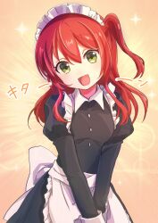  1girl :d absurdres alternate_costume apron black_dress bocchi_the_rock! collared_dress commentary_request dress enmaided frilled_apron frills green_eyes hair_between_eyes head_tilt highres juliet_sleeves kita_ikuyo long_hair long_sleeves looking_at_viewer maid maid_headdress moko39_takasora one_side_up open_mouth puffy_sleeves red_hair smile solo translation_request v_arms white_apron 