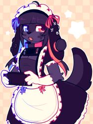  1girl absurdres animal_ears apron black_dress black_hair blue_eyes breasts cleavage collar commentary_request dog_ears dog_girl dog_tail dress furry furry_female gloves handheld_game_console heterochromia highres holding holding_handheld_game_console kingsillyspace long_hair looking_at_viewer low_twintails maid maid_headdress nintendo nintendo_switch open_mouth original personification red_eyes solo standing tail twintails white_apron white_gloves 