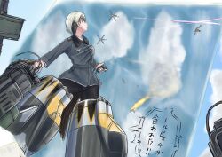  1girl aged_up black_hair black_pantyhose blue_sky breasts cannon cloud commentary_request erica_hartmann grey_hair grey_jacket jacket keyboardnoob looking_to_the_side medium_breasts medium_hair military_uniform missiles pantyhose shirt sky solo strike_witches striker_unit translation_request white_shirt world_witches_series 