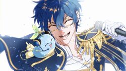  1boy animal animal_on_shoulder aqua_eyes blue_hair closed_eyes epaulettes flying_sweatdrops gagake_v glasses gloves hair_between_eyes headset highres holding holding_microphone leos_vincent male_focus mameneko_(leos_vincent) microphone nijisanji nijisanji_idol_uniform open_mouth shirt short_hair single_epaulette smile sweat teeth upper_body virtual_youtuber white_gloves white_shirt yellow-framed_eyewear 