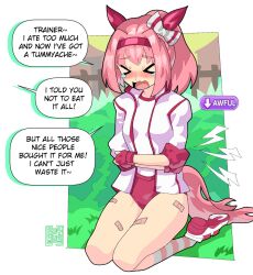  &gt;_&lt; 1girl 604yue animal_ears bandaid bandaid_on_leg blush bow buruma commentary ear_bow ear_covers english_commentary english_text fingerless_gloves full-face_blush full_body game_screenshot_inset gameplay_mechanics gloves grass hairband haru_urara_(umamusume) highres horse_ears horse_girl horse_tail jacket kneehighs long_hair on_grass open_clothes open_jacket open_mouth pink_hair pink_socks ponytail red_gloves red_hairband shirt shoes sidelocks signature sitting socks solo speech_bubble striped_clothes striped_socks tail tearing_up track_jacket umamusume white_background white_bow white_shirt white_socks 