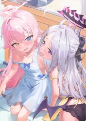  2girls absurdres ahoge apron ass black_pantyhose blue_archive blush bowl collarbone demon_horns demon_wings fang grey_hair hair_flaps halo heterochromia highres hina_(blue_archive) horns hoshino_(blue_archive) indoors kitchen kuroliu_9021 loli long_hair looking_at_viewer mixer_(cooking) multiple_girls no_bra no_shirt nose_blush pantyhose pink_hair smile strap_slip very_long_hair white_apron wings yellow_apron 