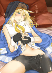 1boy arc_system_works bike_shorts blonde_hair blue_eyes blush bridget_(guilty_gear) bulge crossdressing crossdressing_(mtf) cum cum_in_clothes cum_on_clothes cum_through_clothes erection erection_under_clothes fingerless_gloves frown gloves guilty_gear habit highres long_hair lying male_focus moketa navel nun on_back penis shota small_penis solo sweat trap rating:Explicit score:207 user:BlueBaroness