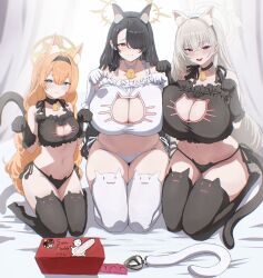  3girls absurdres alternate_breast_size alternate_costume anal_beads anal_tail animal_ear_fluff animal_ears bell black_bra black_gloves black_hair black_hairband black_panties black_thighhighs blue_archive blue_eyes bra breasts butt_plug cat_cutout cat_ears cat_lingerie cat_tail cleavage closed_mouth clothing_cutout commentary_request condom condom_box condom_packet_strip condom_wrapper fake_animal_ears fake_tail gloves grey_hair hair_over_one_eye hairband halo highres hinata_(blue_archive) hth5k huge_breasts izuna_(blue_archive) jingle_bell korean_commentary long_hair looking_at_viewer mari_(blue_archive) medium_breasts meme meme_attire multiple_girls navel neck_bell open_mouth orange_hair panties paw_pose red_eyes sakurako_(blue_archive) seiza side-tie_panties sisterhood_(blue_archive) sitting smile sunken_colony_izuna_(meme) tail thighhighs thighs underwear very_long_hair white_bra white_gloves white_panties white_thighhighs yellow_halo 