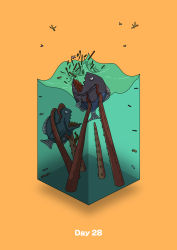 absurdres bug commentary_request diorama fish gozz highres isometric oar ocean orange_background original shipwreck splashing tentacles rating:General score:0 user:danbooru