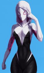  1girl absurdres adjusting_hood blue_background bodysuit breasts commentary covered_navel cowboy_shot elbow_gloves english_commentary gloves gwen_stacy highres hood leotard looking_at_viewer marvel medium_breasts nonsense_(dcrn4428) simple_background solo spider-gwen spider-man_(series) spider_web_print standing 