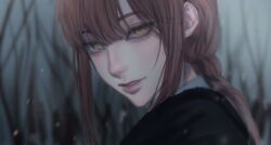  1girl black_coat chainsaw_man close-up coat highres long_hair looking_at_viewer makima_(chainsaw_man) red_hair ringed_eyes sidelocks sira_julyspring solo yellow_eyes 