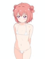  1girl ahoge akaza_akari arms_behind_back bikini blush chrislu07 collarbone commentary cowboy_shot double_bun flat_chest hair_bun highres loli micro_bikini navel purple_eyes red_hair short_hair simple_background solo standing swimsuit white_background white_bikini yuruyuri 