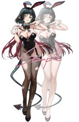  1girl :q animal_ears black_bow black_bowtie black_hair black_leotard black_pantyhose black_thighhighs blush bow bowtie breasts cleavage colored_inner_hair cowboy_shot detached_collar fake_animal_ears full_body green_eyes groin highleg highleg_leotard highres jane_doe_(zenless_zone_zero) large_breasts leotard long_hair looking_at_viewer mouse_ears mouse_girl mouse_tail multicolored_hair pantyhose playboy_bunny rabbit_ears red_hair red_nails simple_background single_leg_pantyhose single_thighhigh skindentation smile smilesmile1312 solo strapless strapless_leotard tail teeth thigh_strap thighhighs tongue tongue_out torn_clothes torn_pantyhose white_background white_wrist_cuffs wrist_cuffs zenless_zone_zero 