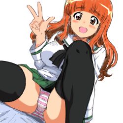  1girl black_sailor_collar black_thighhighs blush breasts coco_chino girls_und_panzer green_skirt happy large_breasts long_hair looking_at_viewer ooarai_school_uniform open_mouth orange_hair panties pantyshot sailor_collar school_uniform shirt simple_background sitting sketch skirt solo striped_clothes striped_panties takebe_saori thighhighs twitter_username underwear v white_background white_shirt 