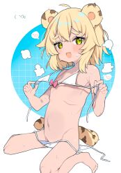  1girl animal animal_ears bikini blonde_hair blush bow bow_bikini collarbone commentary_request fang feet female_focus flat_chest green_eyes heart highres loli looking_at_viewer micro_bikini navel open_mouth original pink_bow revision short_hair sitting skin_fang solo speech_bubble spoken_heart swimsuit tail tiger_ears tiger_girl tiger_tail toes toramimi-senpai untied_bikini wariza white_bikini zeru_(wisel_army)  rating:Questionable score:94 user:danbooru