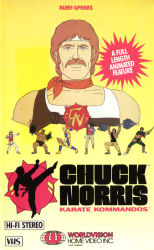  6+boys beard blue_eyes brown_hair chuck_norris chuck_norris_karate_kommandos cover dark-skinned_male dark_skin dual_wielding english_text facial_hair headband holding huge_weapon male_focus multiple_boys mustache scarf short_hair weapon 