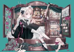  1girl :o anemone_(flower) animal_ears ankle_strap antlers aqua_background aqua_hair aqua_nails bib_collar birdcage black_bow black_bowtie black_dress black_ribbon black_shoes blonde_hair book bow bow_ring bowtie box braid brooch cage chair choppy_bangs colored_inner_hair corsage cuff_links cup curtains deer_antlers doll_house drawer dress floppy_ears flower foot_out_of_frame frilled_dress frills from_side gem gift gift_box green_gemstone hair_bow hair_flowing_over hair_ribbon hairband hanging_flower high_heels highres holding holding_cup horns in_box in_container jackalope_girl jewelry juliet_sleeves knees_to_chest knees_up ladder light_blush lolita_hairband long_hair long_sleeves looking_at_viewer mannequin medium_dress miniature multicolored_hair multiple_rings nanashi_inc. official_art pantyhose petals picture_frame pink_flower pink_ribbon pink_rose puffy_sleeves rabbit rabbit_ears ribbon ring rose shoes simple_background sitting sleeve_ribbon solo stained_glass table tassel teacup teapot test_tube tsukinoki_tirol twin_braids unworn_clothes very_long_hair virtual_youtuber white_pantyhose yoggi_(stretchmen) 