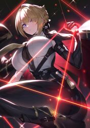  1girl black_pants blonde_hair chest_harness evelyn_chevalier hair_up harness high-waist_pants highres latex_pants matsumoto_tomoyohi necktie pants purple_eyes ring_hair_ornament solo tight_clothes tight_pants yellow_necktie zenless_zone_zero 