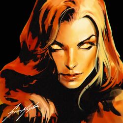  1girl artist_name black_background closed_mouth commentary commission english_commentary glowing glowing_eyes highres jean_grey long_hair looking_at_viewer marvel simple_background solo sozomaika upper_body x-men 