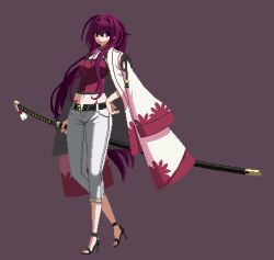  1girl aeonimitate belt black_belt breasts capri_pants hair_down high_heels highres holding holding_sword holding_weapon katana kimono_on_shoulders large_breasts long_hair pants pixel_art purple_hair red_eyes ribbon solo sword under_night_in-birth weapon yuzuriha_(under_night_in-birth) 