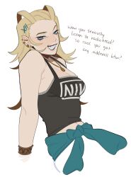  1girl absurdres alternate_costume antenna_hair aqua_jacket band_shirt black_shirt blonde_hair blue_eyes casual clothes_around_waist ear_piercing earrings english_text grin hair_ornament hair_slicked_back hairclip hand_on_ground highres jacket jacket_around_waist jewelry kingdom_hearts larxene leaning_back looking_at_viewer medium_hair merchandise necklace nine_inch_nails open_mouth piercing porqueloin shirt simple_background smile solo stud_earrings talking tank_top upper_body white_background 