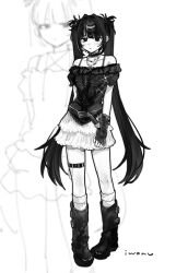  1girl bare_shoulders belt black_gloves blunt_bangs blush boots choker collarbone cross cross_necklace fingerless_gloves frilled_choker frills full_body gloves hair_intakes highres iwonu jewelry looking_at_viewer monochrome necklace off_shoulder original skirt solo standing thigh_strap twintails white_background zoom_layer 