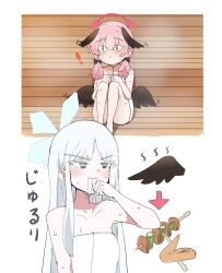  ! 2girls absurdres blue_archive chicken_(food) drooling feathered_wings food halo highres imagining koharu_(blue_archive) long_hair meat multiple_girls nagusa_(blue_archive) naked_towel pink_hair sauna shish_kebab skewer surprised towel unli_free white_hair wings 