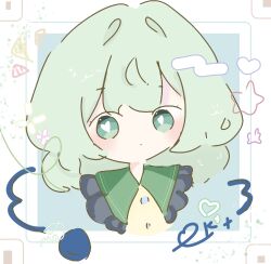  1girl closed_mouth dot_mouth green_eyes green_hair heart heart_in_eye highres komeiji_koishi looking_at_viewer portrait solo symbol_in_eye tensei_uru touhou 
