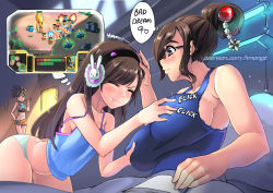  3girls :t bare_shoulders beads blizzard_(company) blush breasts brown_eyes brown_hair brushing_teeth camisole closed_eyes company_connection d.va_(overwatch) dreaming earmuffs english_text glasses grabbing_another&#039;s_breast groping hair_bun hair_ornament hair_stick hand_on_own_hip headband headpat hm_(hmongt) huge_breasts long_hair looking_at_another marine_(starcraft) mei_(overwatch) multiple_girls overwatch overwatch_1 panties pout short_hair shorts siege_tank_(starcraft) single_hair_bun sleepwalking sound_effects speech_bubble starcraft strap_slip tank_top toothbrush tracer_(overwatch) underwear underwear_only yuri zealot_(starcraft)  rating:Sensitive score:227 user:danbooru
