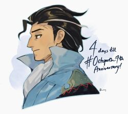  1boy anniversary aubz black_hair blue_coat brown_eyes closed_mouth coat commentary copyright_name countdown english_commentary english_text high_collar highres looking_ahead male_focus mature_male octopath_traveler octopath_traveler_i olberic_eisenberg scar scar_on_face short_hair solo 