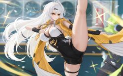  1girl absurdres black_gloves black_sleeves black_unitard blurry blurry_background breasts closed_mouth ethereal_(zenless_zone_zero) fingerless_gloves gloves heine_(haloo1101) high-waist_shorts highres jacket large_breasts light_particles long_hair looking_ahead outdoors shorts single_hair_intake single_sleeve solo split standing standing_on_one_leg standing_split thighs white_hair yellow_eyes yellow_jacket yin_yang_pin yixuan_(zenless_zone_zero) zenless_zone_zero 