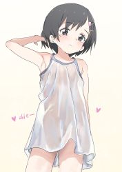 1girl absurdres armpits black_hair dorontabi dress flat_chest from_below highres idolmaster idolmaster_cinderella_girls looking_at_viewer sasaki_chie short_hair simple_background smile standing rating:Sensitive score:172 user:Mrhunking
