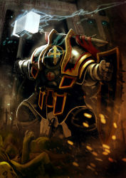  armor battle chain corpse cross cross_(guncross) glowing glowing_eyes golem helm helmet lightning mecha no_humans pauldrons polearm robot runes shoulder_armor skull spear sword war_hammer warforged warhammer weapon  rating:Sensitive score:19 user:danbooru