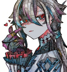  absurdres arlecchino_(genshin_impact) earrings finger_heart frilled_sleeves frills genshin_impact hair_between_eyes hatching_(texture) heart high_collar highres jewelry long_hair low_ponytail multicolored_hair ponytail red_lips red_nails ring setsu_o_o simple_background symbol-shaped_pupils traditional_media upper_body white_background x-shaped_pupils 