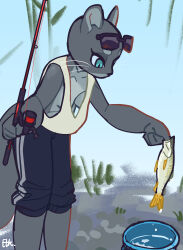  1girl absurdres animal animal_nose bad_tag bent_over blue_eyes breasts bucket cowboy_shot eyewear_on_head fish furry furry_female grey_fur highres holding holding_animal holding_fish kadim looking_at_animal loose_clothes loose_shirt ms._ota_(el-k) original otter_girl outdoors shirt shorts signature sketch_background small_breasts standing sunglasses water_drop whiskers 