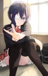 1girl ahoge ass bag black_jacket black_thighhighs bow bowtie cardigan chuunibyou_demo_koi_ga_shitai! closed_mouth convenient_leg eyepatch feet_out_of_frame frilled_skirt frills gunu_(nyzn3223) hair_ribbon highres icho_private_high_school_uniform indoors jacket knees_together_feet_apart light_smile looking_at_viewer medical_eyepatch medium_hair on_floor plaid_clothes plaid_skirt red_bow red_bowtie red_skirt ribbon school_bag school_uniform shirt sitting skirt takanashi_rikka thighhighs thighs v white_shirt window yellow_ribbon rating:Sensitive score:22 user:danbooru