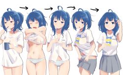  1girl absurdres ahoge blue_bow blue_bowtie blue_eyes blue_panties bow bowtie breasts brushing_teeth closed_eyes closed_mouth collared_shirt cup grey_skirt highres holding holding_cup holding_toothbrush k2s large_breasts looking_at_viewer make_heroine_ga_oo_sugiru! medium_hair multiple_views navel no_pants open_mouth panties pleated_skirt progression school_uniform shirt short_sleeves simple_background skirt sleepy solo striped_clothes striped_panties summer_uniform t-shirt toothbrush underwear white_background white_panties white_shirt yanami_anna yawning yellow_bow yellow_bowtie  rating:Sensitive score:36 user:danbooru