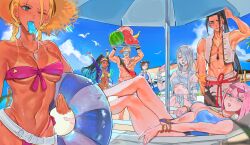  2boys 5girls a.k.i._(street_fighter) absurdres aqua_hair arms_up bag beach beach_chair beach_umbrella belt bikini black_hair blonde_hair cammy_white capcom chest_tattoo chun-li colored_tips cropped_jacket eyewear_on_head facial_mark food food_in_mouth forehead_mark hat highleg highleg_one-piece_swimsuit highres holding holding_swim_ring holding_tray innertube jacket jamie_siu jewelry kimberly_jackson looking_at_viewer loose_belt luke_sullivan lying male_swimwear manon_legrand multicolored_hair multiple_boys multiple_girls muscular muscular_male necklace official_alternate_costume official_alternate_hairstyle on_back one-piece_swimsuit open_clothes open_vest pink_bikini pink_hair popsicle popsicle_in_mouth satchel si_(sitisi_28) strapless strapless_bikini straw_hat street_fighter street_fighter_6 sunglasses swim_ring swim_trunks swimsuit tan tanline tattoo toned toned_female tray umbrella vest yellow_bikini 