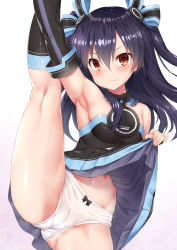 1girl armpits bare_shoulders black_dress black_hair black_sleeves black_socks black_thighhighs blush bow bow_panties breasts brown_eyes cameltoe choujigen_game_neptune_mk2 closed_mouth clothes_lift collared_dress commentary_request detached_sleeves dress dress_lift embarrassed female_focus gradient_background groin hair_between_eyes hair_ornament hair_ribbon holding_leg kneepits leg_up lifting_own_clothes long_hair long_sleeves looking_at_viewer navel neptune_(series) panties pink_background red_eyes ribbon simple_background sleeveless sleeveless_dress small_breasts socks solo split standing standing_on_one_leg standing_split strapless strapless_dress sweat thighhighs thighs torimaru two_side_up underwear uni_(neptunia) v-shaped_eyebrows wavy_mouth white_background white_panties rating:Questionable score:157 user:danbooru