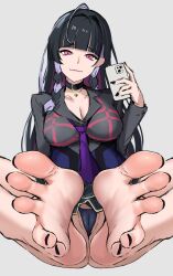  1girl barefoot black_choker black_hair black_nails blue_panties blunt_bangs braided_sidelock breasts cellphone choker closed_mouth colored_inner_hair eyelashes feet foot_focus foot_pussy foreshortening gorgenzolla grey_background hand_up highres holding impossible_clothes impossible_shirt knees_apart_feet_together large_breasts long_hair long_sleeves looking_at_viewer meloco_kyoran microskirt multicolored_hair nail_polish nijisanji nijisanji_en panties partially_visible_vulva phone pink_eyes presenting_foot purple_eyes shirt simple_background sitting sketch skirt smartphone soles solo spread_toes toenail_polish toenails toes underwear very_long_hair virtual_youtuber 