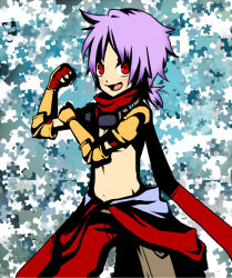  1boy armor blue_background commentary_request cowboy_shot elbow_gloves fang fingerless_gloves flexing gloves high_contrast jumpsuit jumpsuit_around_waist looking_at_viewer low_ponytail male_focus mechanic_(ragnarok_online) meiko_(nattu303) navel open_mouth pauldrons ponytail purple_hair puzzle_piece_background ragnarok_online red_eyes red_gloves red_jumpsuit short_hair shoulder_armor shrug_(clothing) skin_fang smile solo white_background 