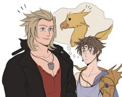  2boys armor bartz_klauser blonde_hair blue_eyes brown_hair cape chocobo circlet commentary earrings english_commentary final_fantasy final_fantasy_v final_fantasy_xiii in-franchise_crossover jacket jewelry male_focus multiakimo multiple_boys shirt short_hair smile snow_villiers thinking v-neck 