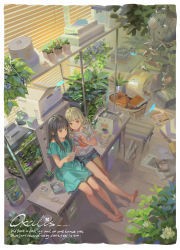 2girls absurdly_detailed_composition alphonse_(white_datura) barefoot black_hair blonde_hair blue_dress book brown_eyes dress english_text highres indoors loaded_interior long_hair multiple_girls open_book original plant potted_plant shelf shell signature sitting wavy_hair window_blinds rating:Sensitive score:65 user:danbooru