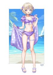  1girl :d alternate_costume beach bikini blonde_hair blue_sky breasts center-flap_bangs cleavage commentary_request day feet front-tie_bikini_top front-tie_top full_body gluteal_fold hair_ornament hairclip halterneck highres holding holding_towel hololive hololive_dev_is layered_bikini looking_at_viewer multicolored_hair navel ocean open_mouth outdoors polka_dot polka_dot_bikini puffy_short_sleeves puffy_sleeves purple_bikini purple_eyes purple_hair sandals scrunchie short_hair short_sleeves sky small_breasts smile solo standing stomach streaked_hair swimsuit thigh_strap todoroki_hajime towel two_side_up virtual_youtuber white_bikini wrist_scrunchie yoshidadon 