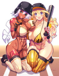  2girls abs absurdres ahoge arm_tattoo ass ass_tattoo baseball_bat baseball_helmet bikini breast_press breasts covered_erect_nipples curly_hair curvy dark-skinned_female dark_skin fang happy helmet highres kneeling large_breasts leg_tattoo light_areolae light_nipples long_hair looking_at_viewer looking_back multiple_girls muscular muscular_female nipples number_tattoo ponytail rakko_(r2) sandy_bash shiny_skin star_(symbol) striped_legwear suketto_sanjou! swimsuit take_your_pick tattoo thick_thighs thighhighs thighs thong thong_bikini tribal_tattoo vertical-striped_legwear very_long_hair wendy_crawford wide_hips 