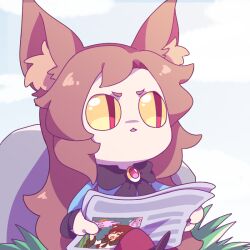  &lt;|&gt;_&lt;|&gt; 1girl animal_ears black_bow black_bowtie blue_shirt bow bowtie brown_hair colored_sclera commentary_request grass guuchama holding holding_newspaper imaizumi_kagerou long_hair looking_afar meme newspaper open_mouth red_brooch red_eyes shirt solo tom_reading_the_newspaper_(meme) touhou unzan wolf_ears wolf_girl yellow_sclera 