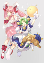  3girls animal_ears animal_hat arm_up bell blue_dress brown_hair cat_hat dejiko di_gi_charat dice_hair_ornament dress fake_animal_ears gema gloves green_eyes green_hair green_neckerchief hair_ornament hat jingle_bell long_hair multiple_girls neck_bell neckerchief noki_(affabile) open_mouth pink_dress pink_hair puchiko rabbit_ears red_shoes shoes twintails usada_hikaru white_gloves 