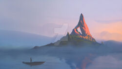  1other boat cambocreation dawn fog landscape mountain ocean original painterly reflection reflective_water scenery sky standing water watercraft watermark 