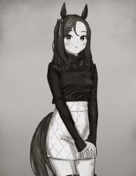  1girl alternate_costume animal_ears blush breasts commentary_request cowboy_shot curry_soba greyscale highres horse_ears horse_girl horse_tail jewelry king_halo_(umamusume) long_hair long_sleeves looking_at_viewer medium_breasts monochrome necklace own_hands_together parted_lips ribbed_sweater simple_background skirt sleeves_past_wrists solo sweater tail turtleneck turtleneck_sweater umamusume 